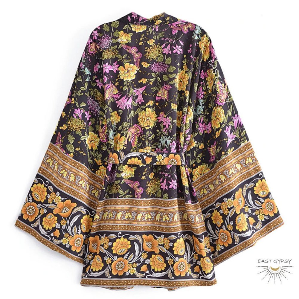 Onyx Butterfly Floral Blossom Mid-length Boho Kimono Cardigan Jacket Coverup